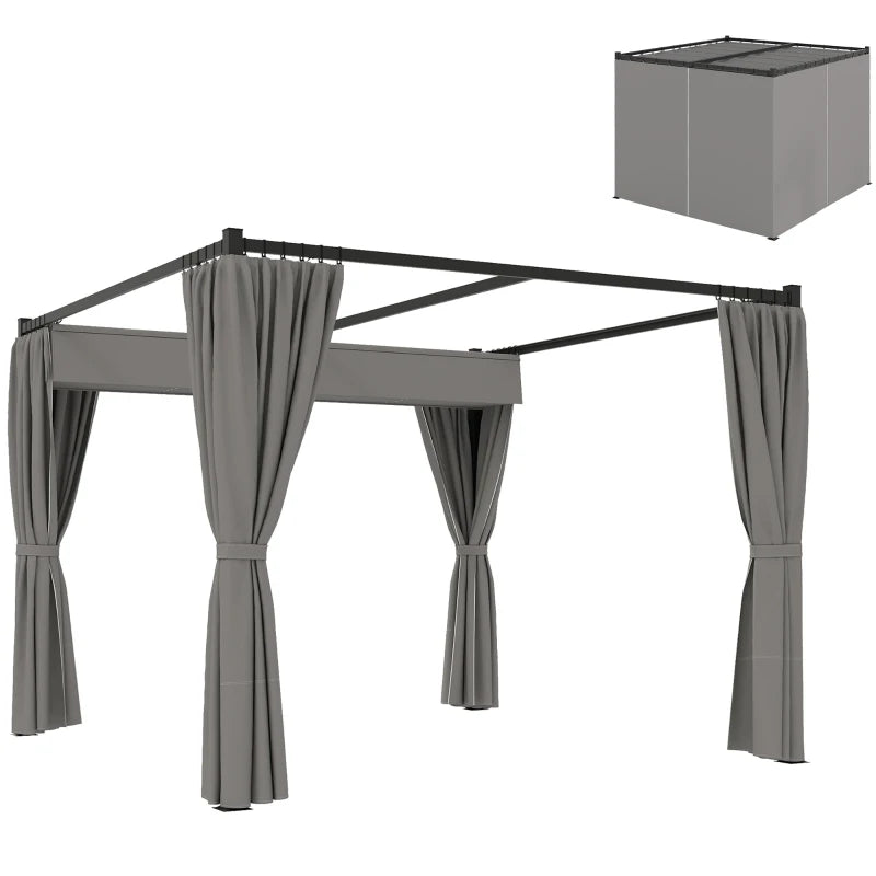 Metal Pergola with Moving Canopy and Curtains – Modern Outdoor Living Space, 3 x 3m