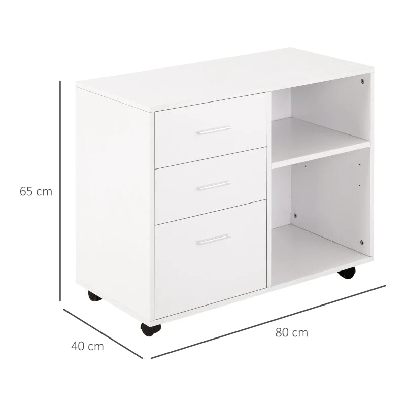 Desk Side Cabinet – White, 3 Drawers, 2 Shelves, Mobile Storage