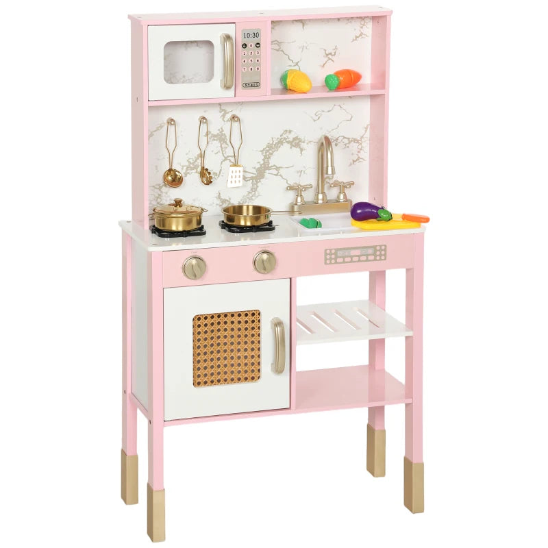 Play Kitchen with Oven, Microwave, Sink & Pretend Cooking Accessories for Kids, Pink