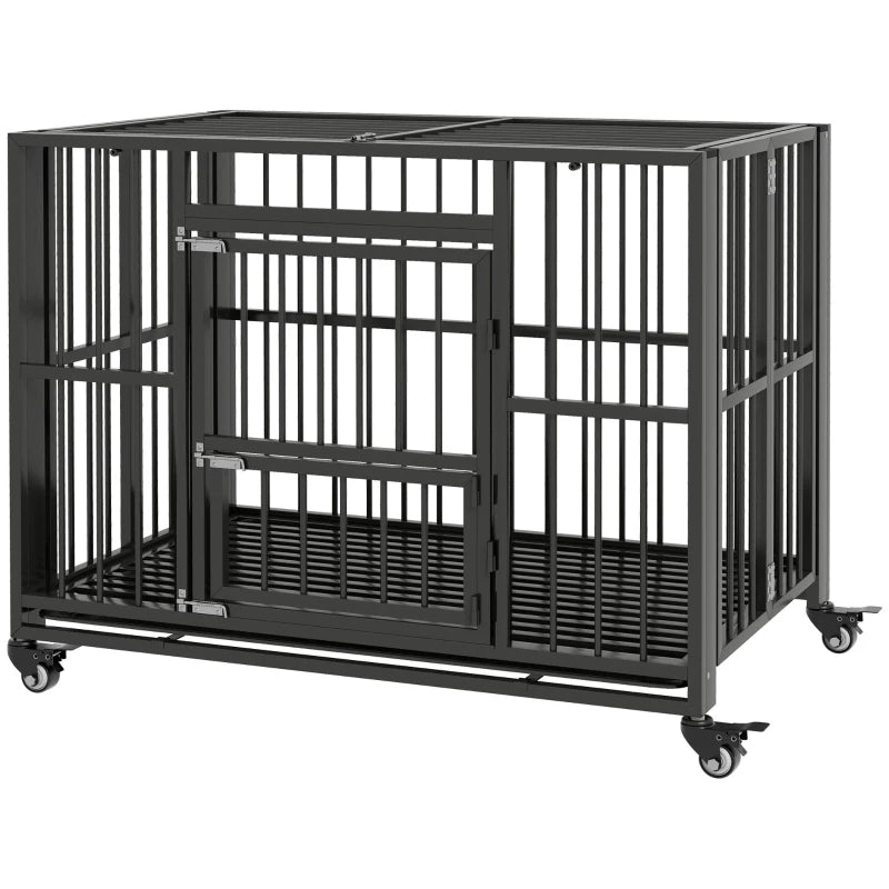 Foldable Black Dog Crate 43" with Wheels & Tray