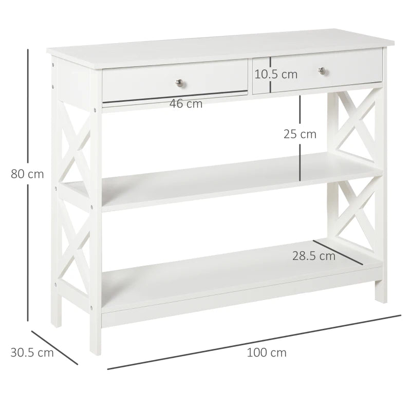 Living Room Console Table Side Desk with Storage & X Frame, White