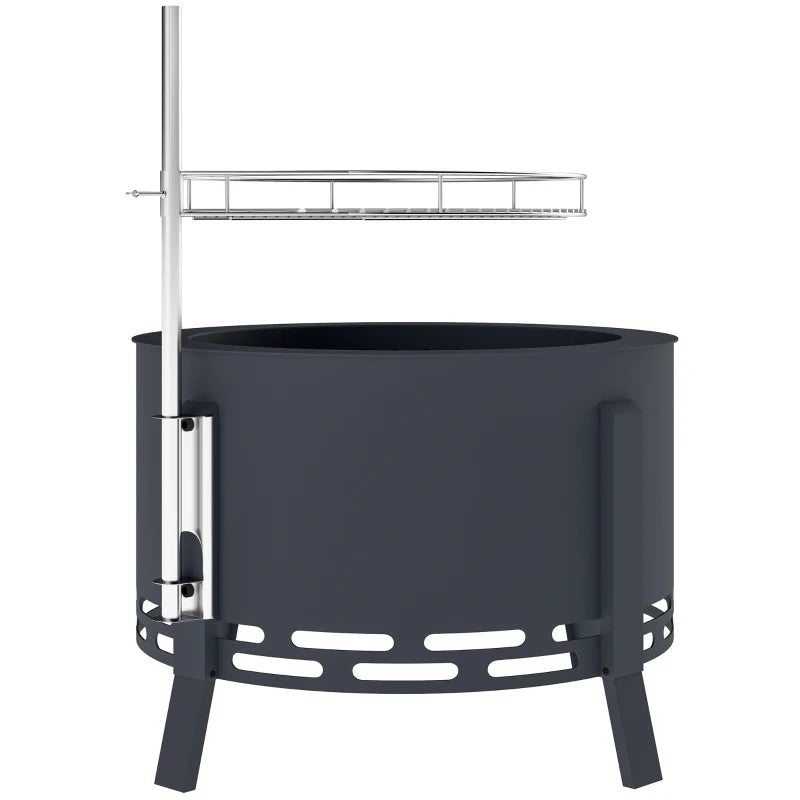 Portable Black Fire Pit 58cm with Grill Grate, Ash Catcher & Poker for Outdoor BBQ