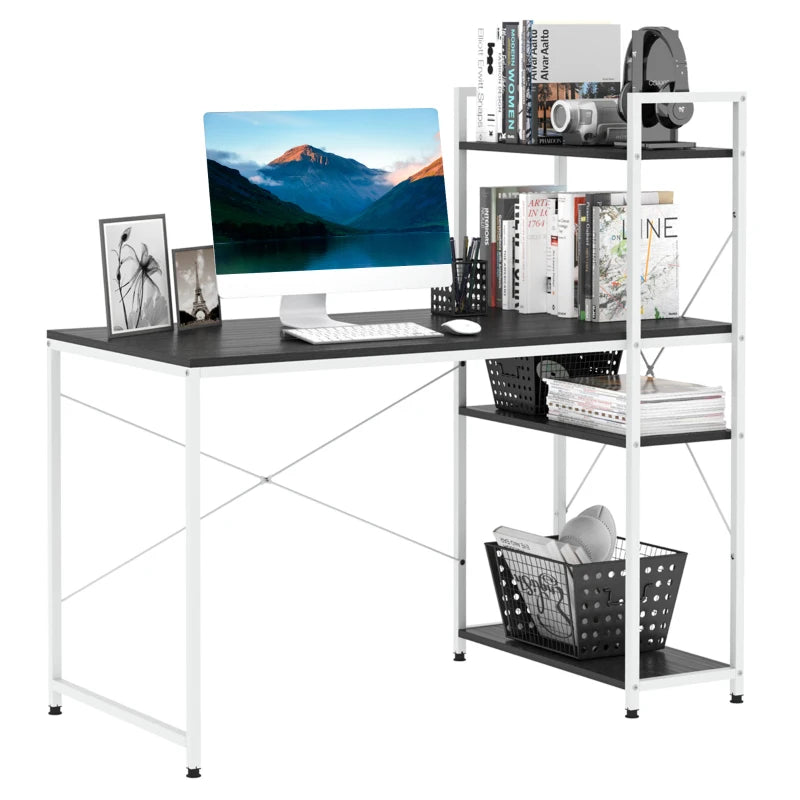 Home Office Desk with Shelves, 120cm – Black & White