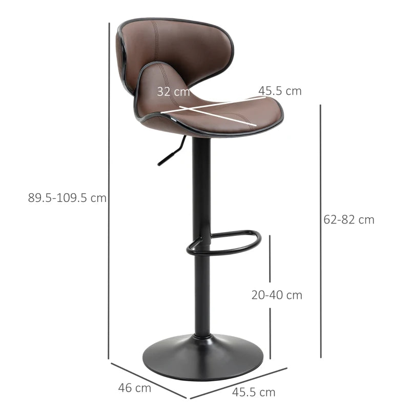 HOMCOM Swivel Bar Chairs Set of 2, Adjustable Height, Brown, Steel Frame