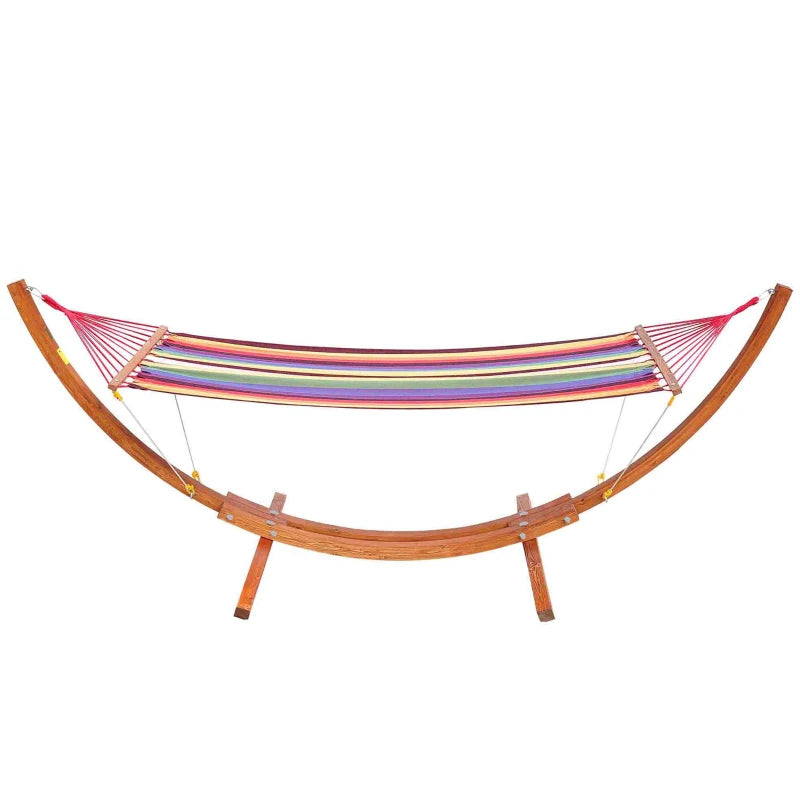 Durable Garden Swing Hammock with Arc Wooden Stand and Safe Rope, Multicolor Fabric