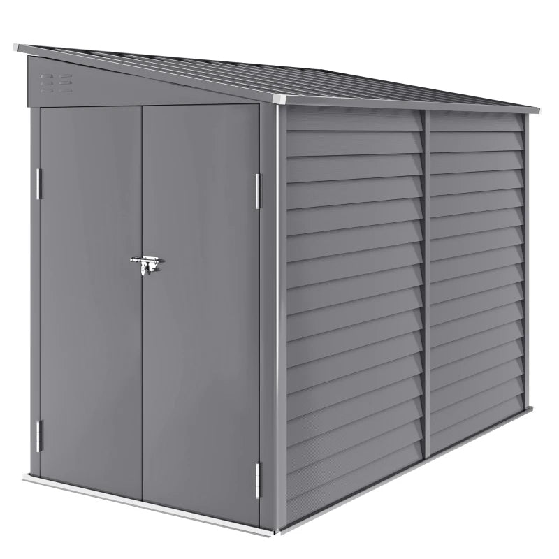 Galvanised Metal Lean-to Garden Shed with Base, Vents & Lockable Doors, 5x9ft – Grey