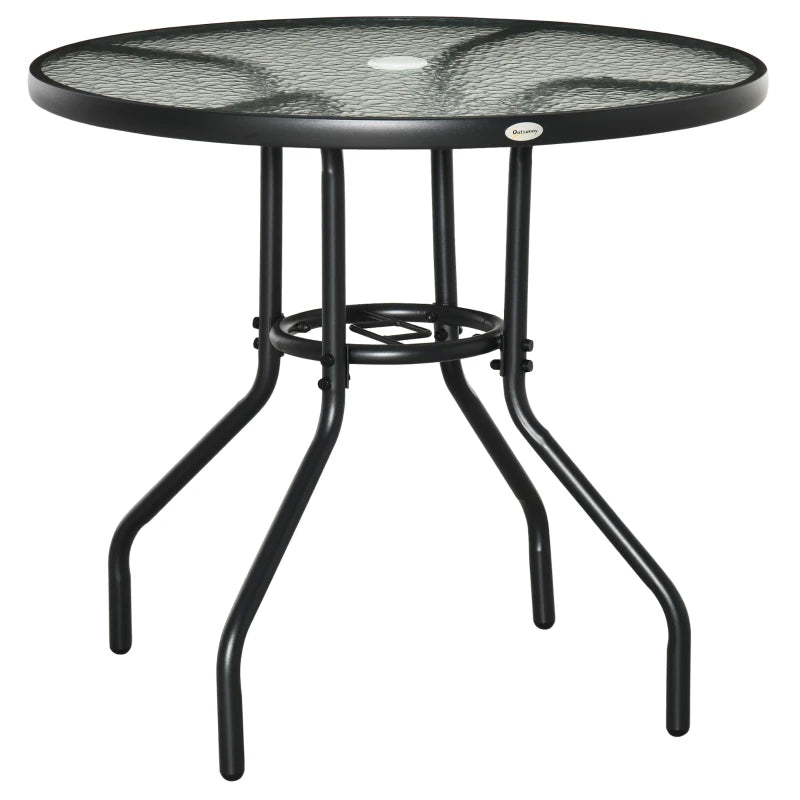 Tempered Glass Top Round Outdoor Table 80cm with Steel Frame and Parasol Hole Included