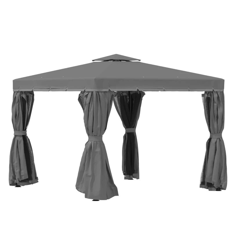 Garden Pavilion Tent Shelter with 2-Tier Roof, Mosquito Net & Curtains Dark Grey, 3x3m