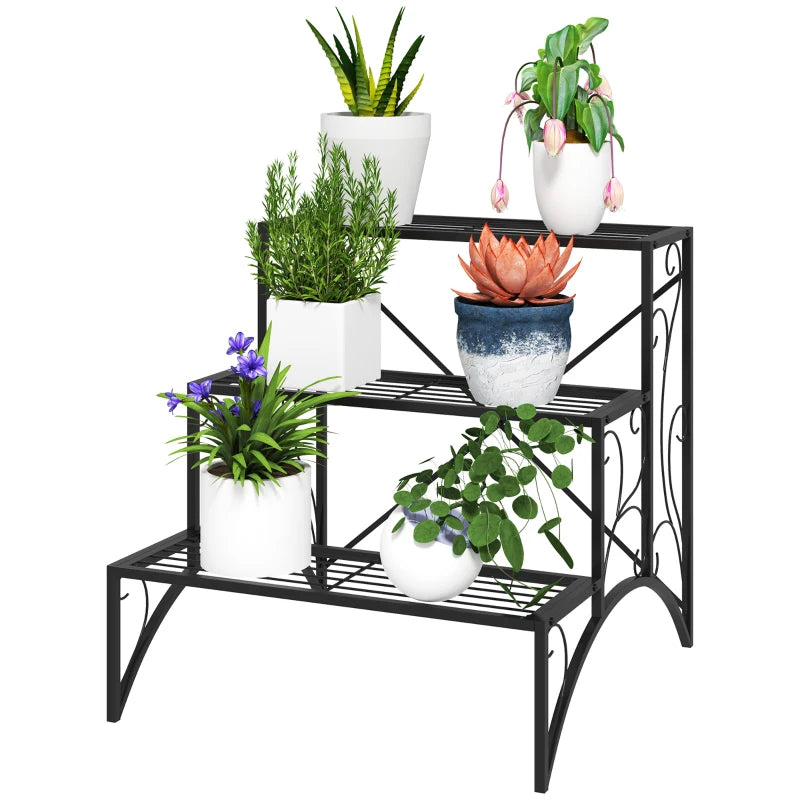 Durable Black Metal Plant Stand with Three Tiers – Decorative and Space-Saving