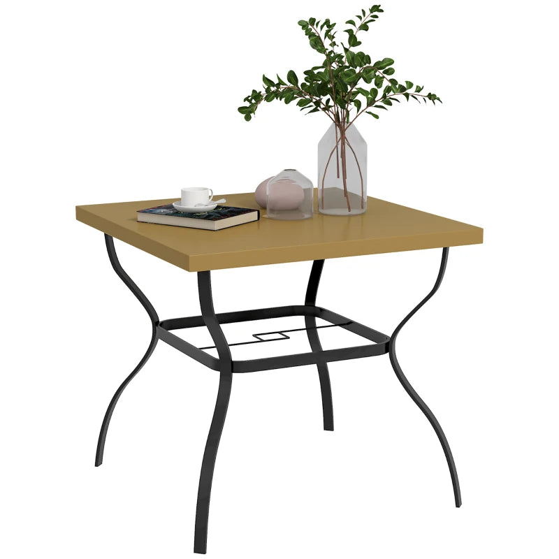 Brown & Black Four-Seater Steel Garden Table with Built-In Parasol Hole for Outdoors