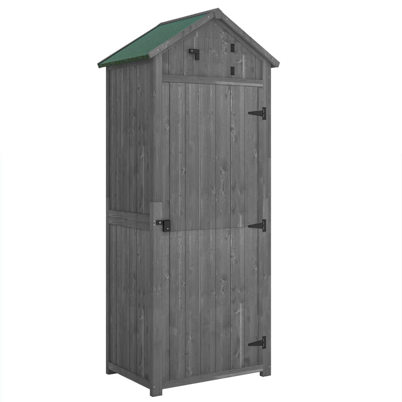 Grey Wooden Garden Shed with Lockable Double Doors, Shelving, and Roof Hatch for Outdoor Use