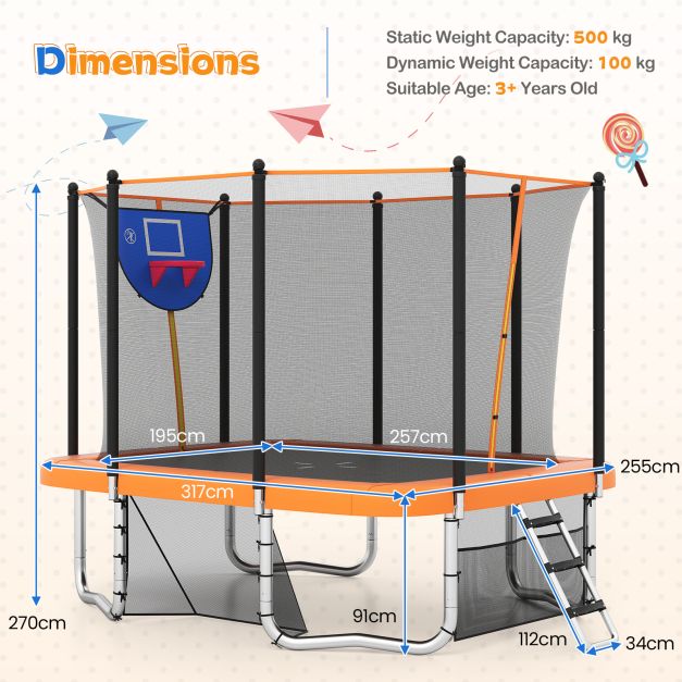 317×255 cm Rectangle Backyard Trampoline – Outdoor Use