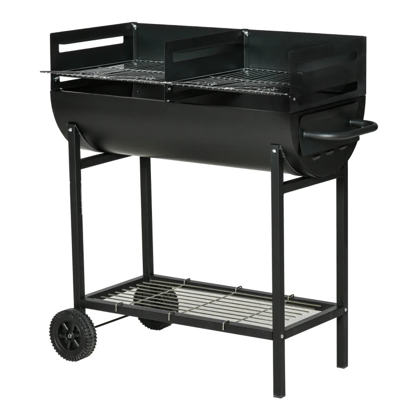 Black Steel 2-Grill Charcoal BBQ with Wheels for Convenient Mobility