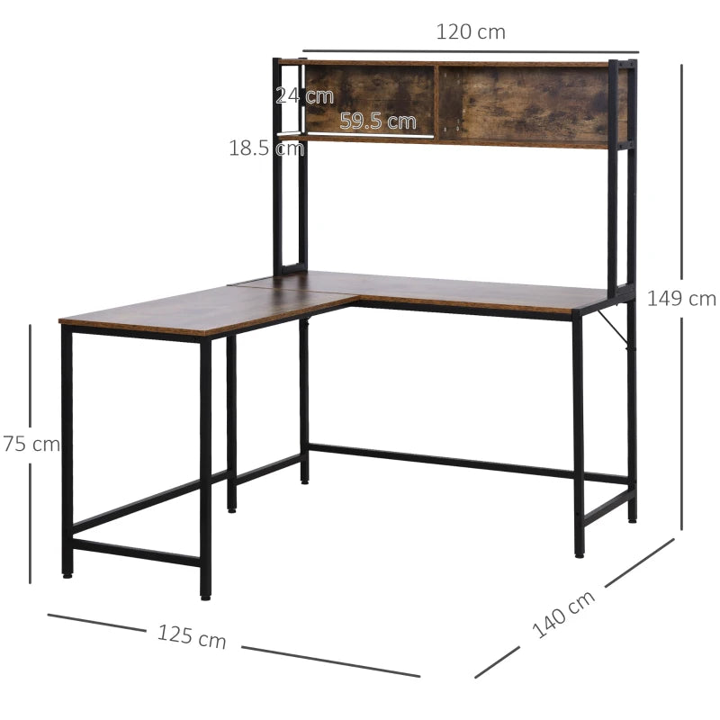 Industrial L-Shaped Desk with Storage Shelf – Home Office, Brown