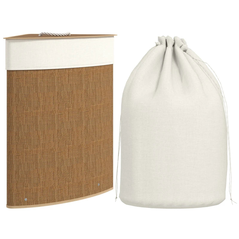 55L Bamboo Laundry Hamper, Triangle Corner Design with Lid, Brown