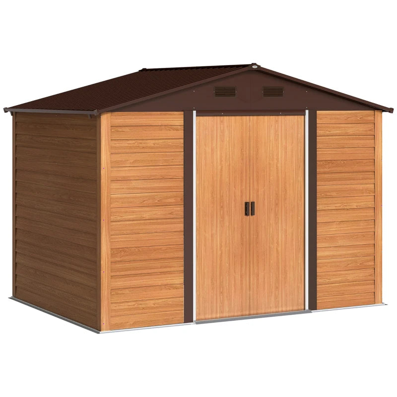 Metal Garden Shed – 9x6ft Galvanized Steel Outdoor Storage with Brown Wood-Effect Finish