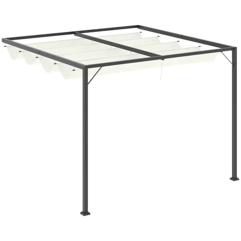 Cream White Retractable Canopy Lean To Pergola – Wall Mounted Patio Shelter, 3 x 3m
