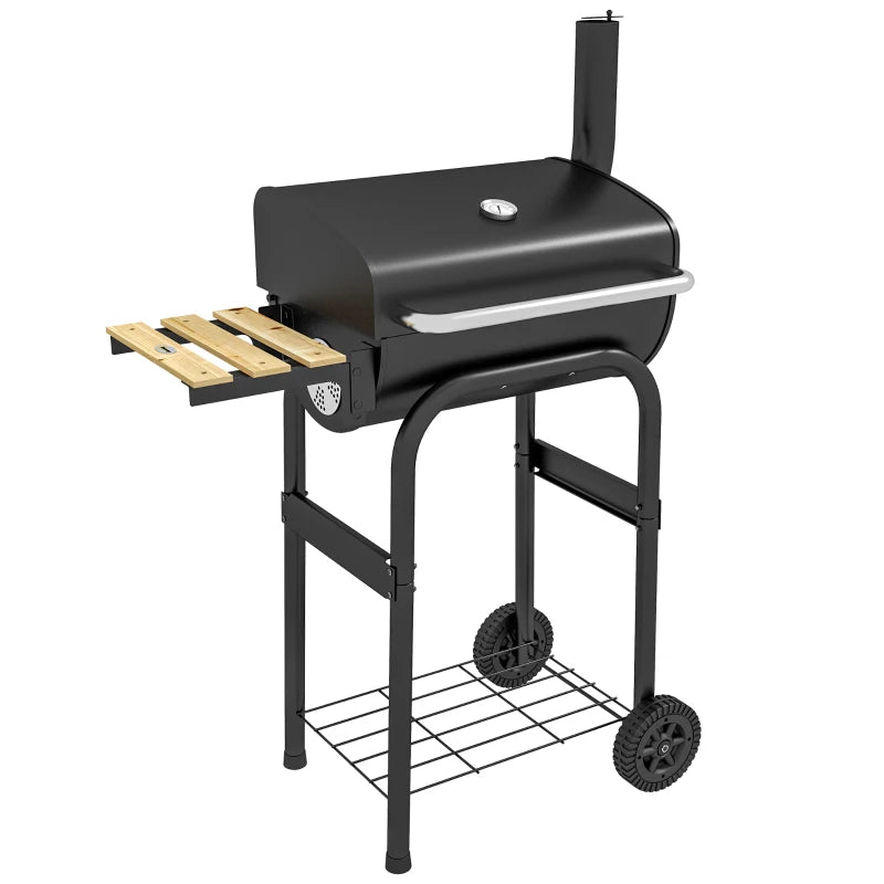 Charcoal BBQ Grill with Thermometer, Shelves & Wheels for Outdoor Cooking