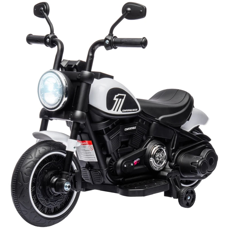 Electric Motorbike for Kids 6V with Training Wheels and Simple One-Button Start – White