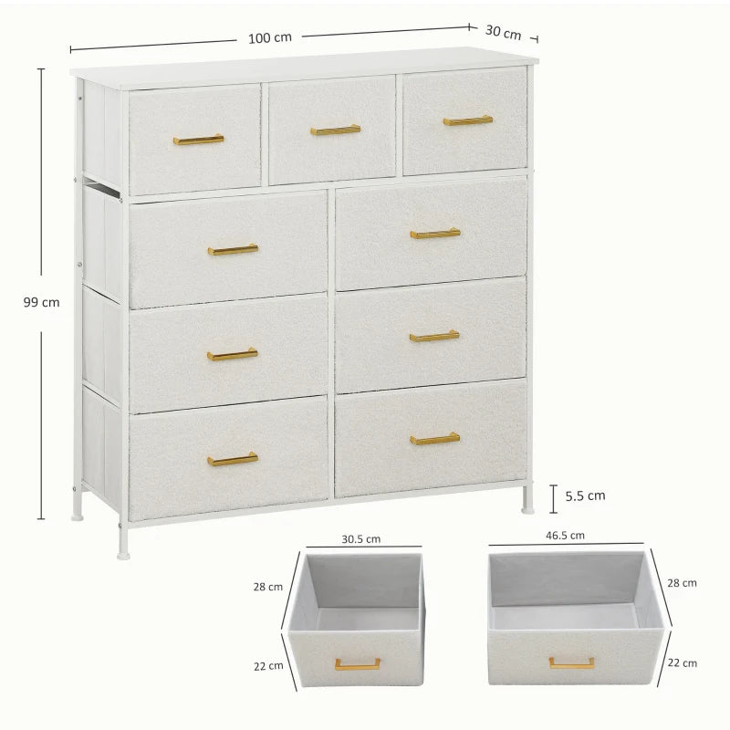 Storage Dresser with 9 Boucle Fabric Drawers & Steel Frame, Cream