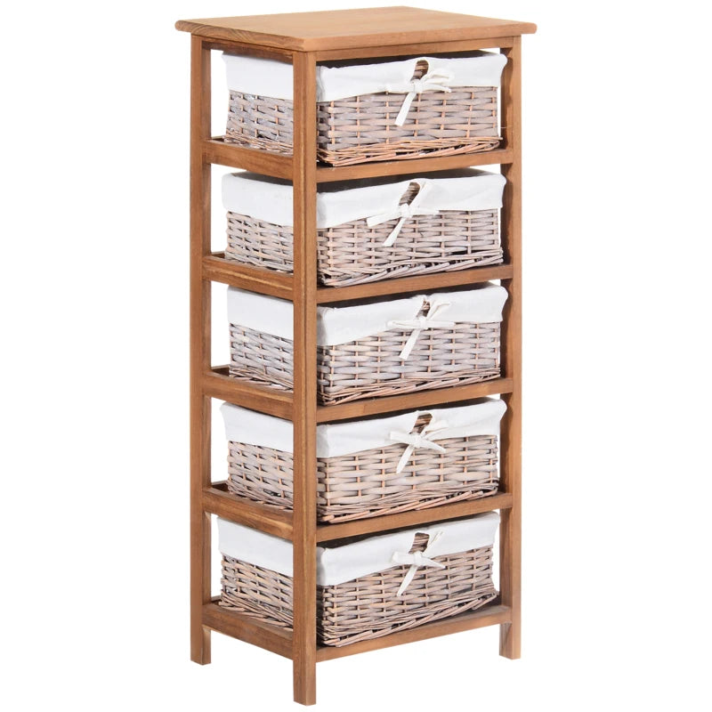 Natural Finish 5-Drawer Cabinet – Wicker Storage, Wooden Frame