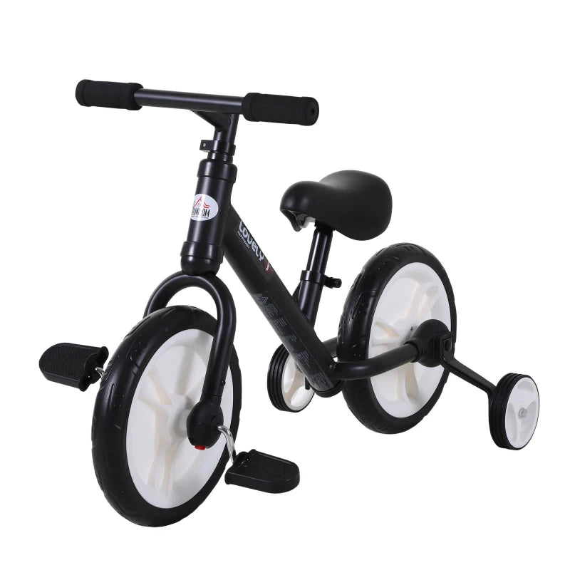 Black 11" Kids Balance Bike, EVA Tyres, Adjustable Seat, Ages 2-5, with Stabilizers