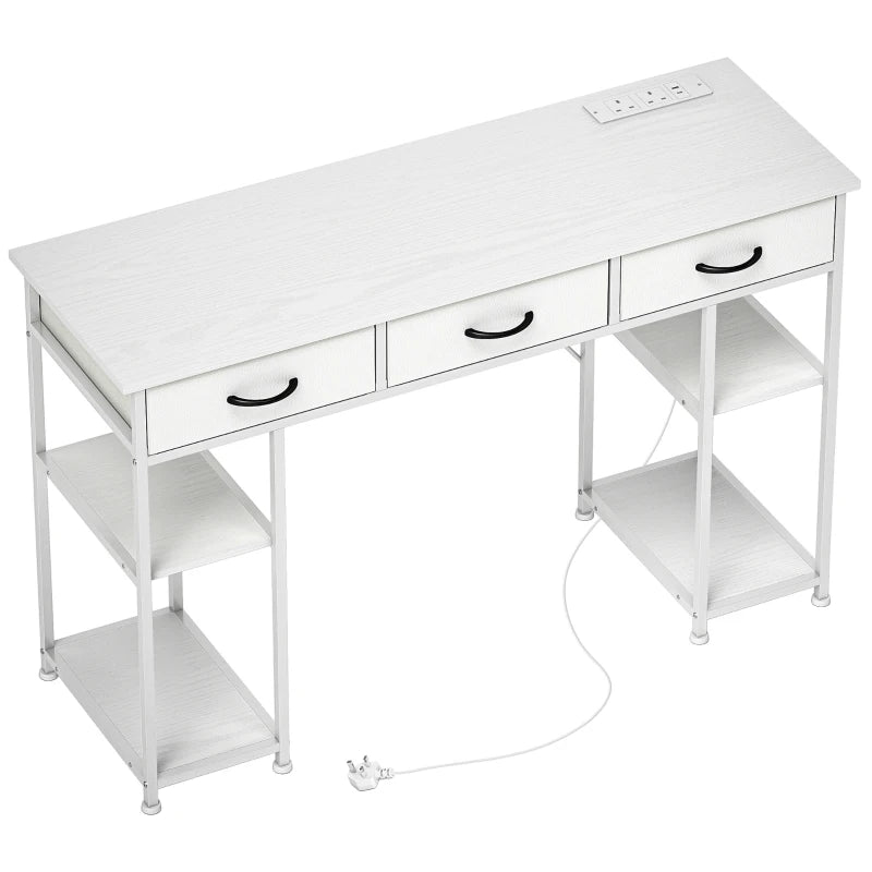 White Computer Desk with Fabric Drawers & Shelves, 120cm