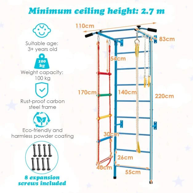 Swedish Ladder Gym Set with Pull-Up Bar, Climbing Frame, Ropes & Rings