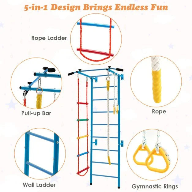 Swedish Ladder Gym Set with Pull-Up Bar, Climbing Frame, Ropes & Rings