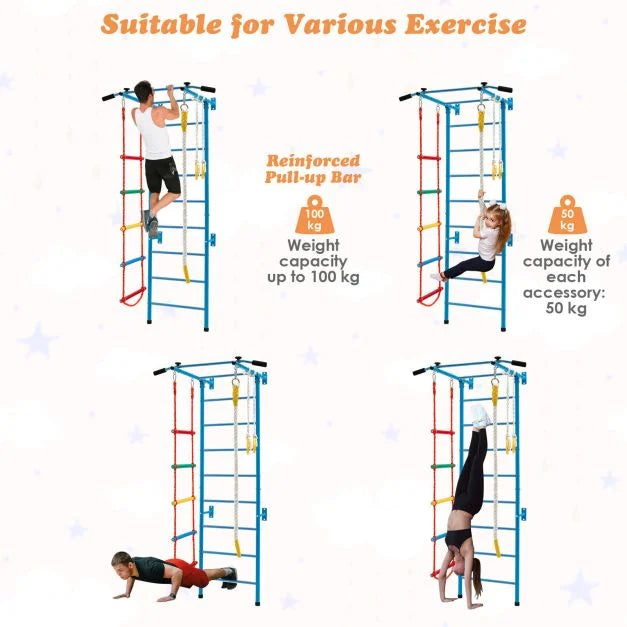 Swedish Ladder Gym Set with Pull-Up Bar, Climbing Frame, Ropes & Rings
