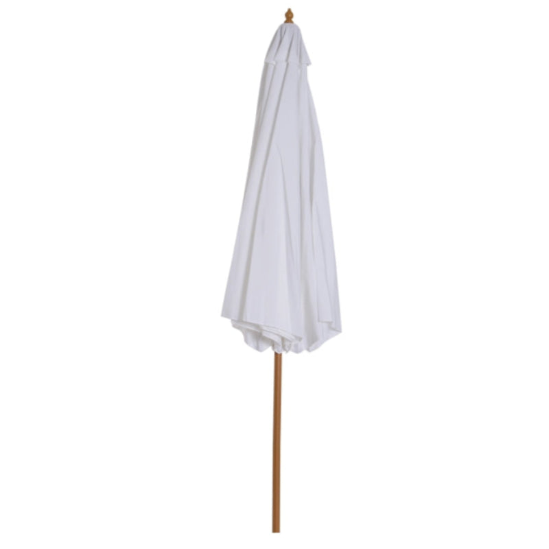 Pulley-operated cream white parasol with wooden table and 8 ribs for outdoor use – 3m