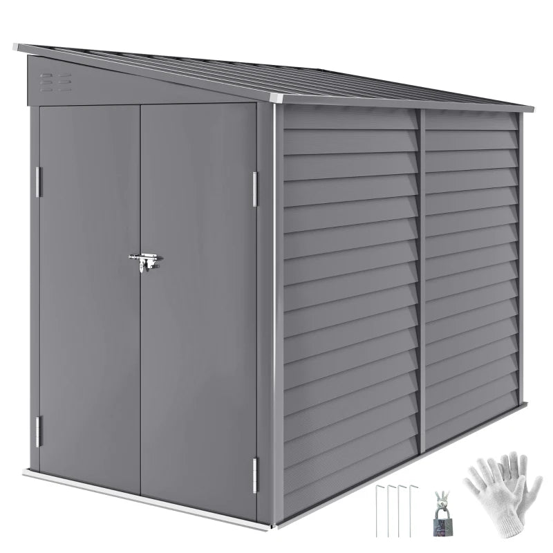 Galvanised Metal Lean-to Garden Shed with Base, Vents & Lockable Doors, 5x9ft – Grey