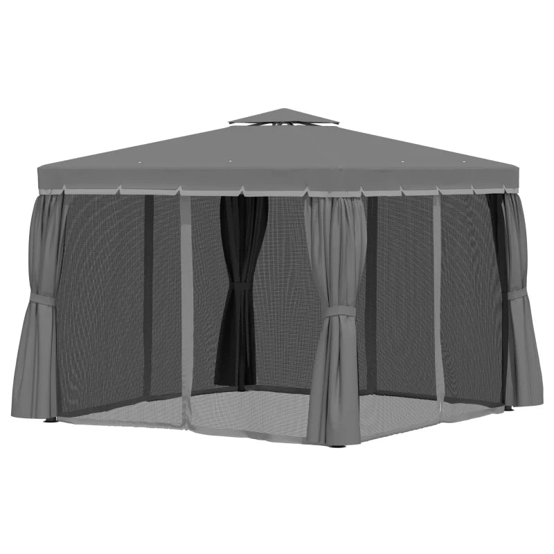 Garden Pavilion Tent Shelter with 2-Tier Roof, Mosquito Net & Curtains Dark Grey, 3x3m