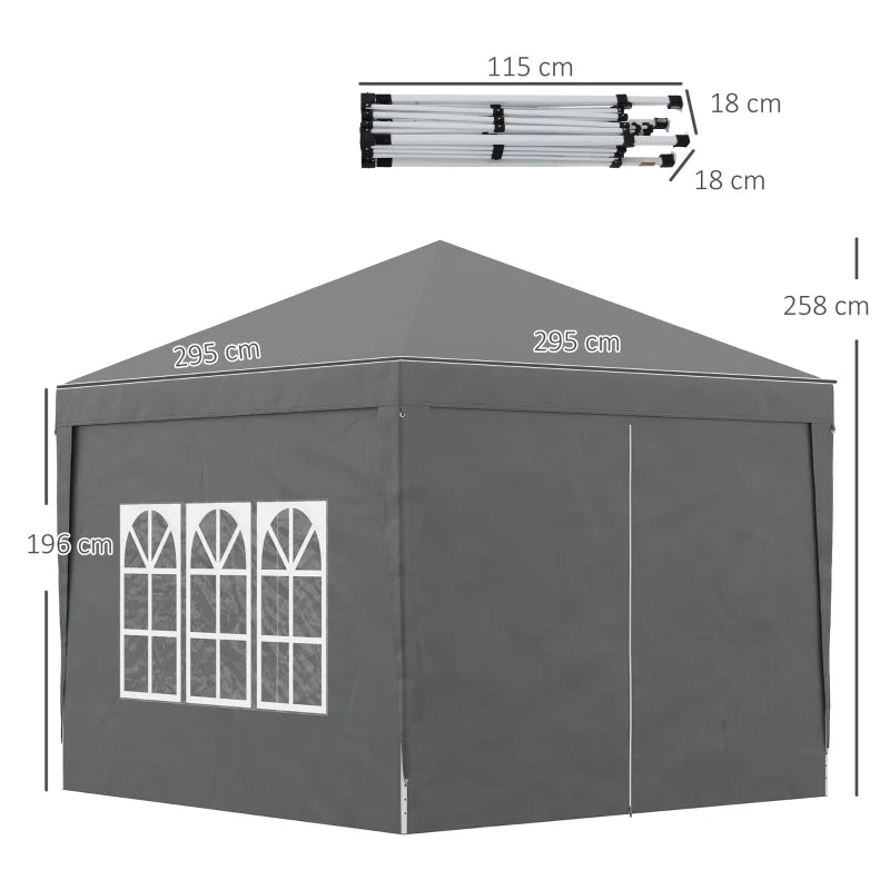 Grey 3x3M Party Gazebo Canopy – Portable Marquee with Bag & Side Windows