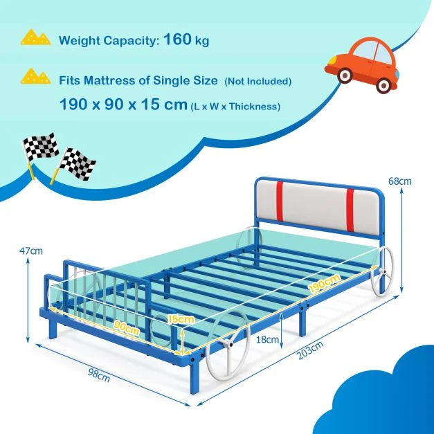 Kids Single Car Bed Frame with Soft Upholstered Headboard