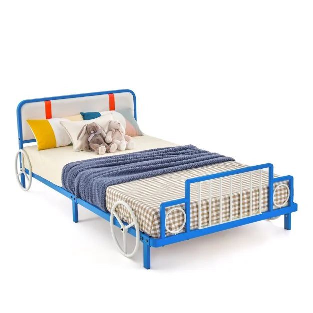 Kids Single Car Bed Frame with Soft Upholstered Headboard