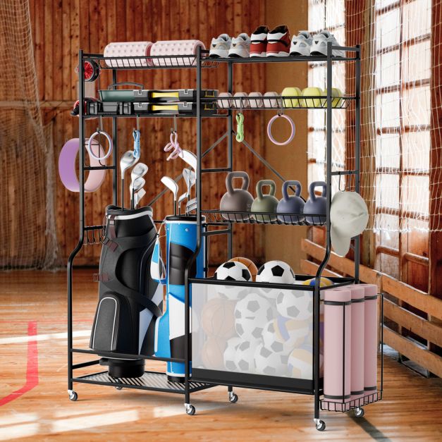 Metal Sports Ball Organizer Rack with Adjustable Shelves