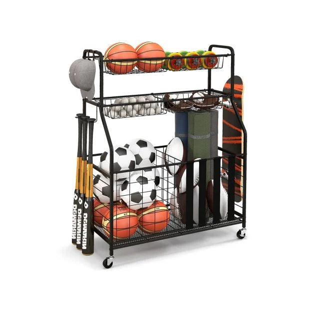 Sports Equipment Storage Rack with Rolling Ball Cart