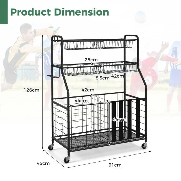 Sports Equipment Storage Rack with Rolling Ball Cart
