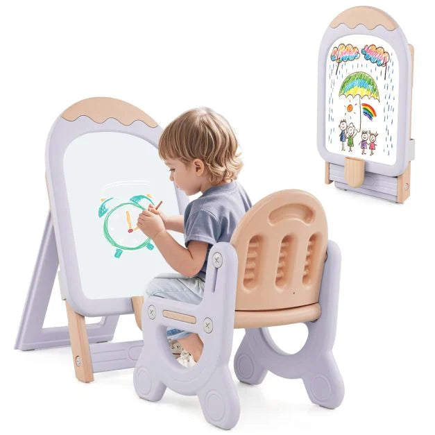 Foldable Height-Adjustable Kids Standing Art Easel with Chair