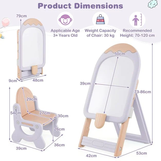 Foldable Height-Adjustable Kids Standing Art Easel with Chair