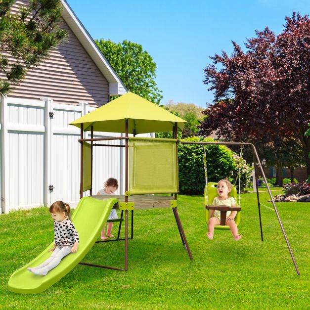 Outdoor Metal Swing Set with Covered Fort and Play Accessories