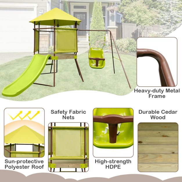 Outdoor Metal Swing Set with Covered Fort and Play Accessories