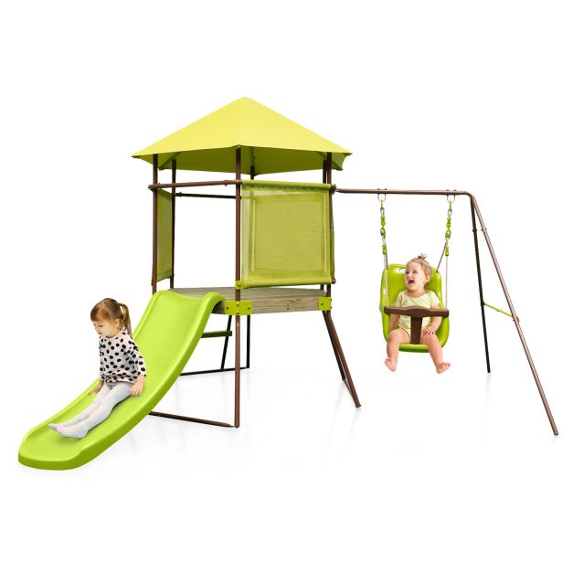 Outdoor Metal Swing Set with Covered Fort and Play Accessories