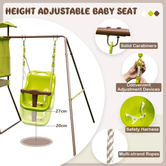 -in-1 Swing Set with Adjustable Baby Seat, Metal Frame, and Ground Stakes