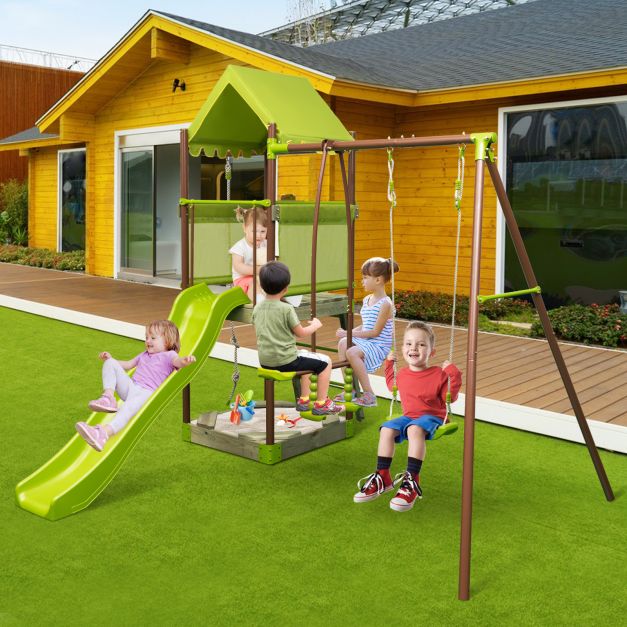 Outdoor Metal Swing Set with Covered Fort and Play Accessories