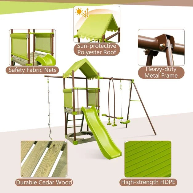 Outdoor Metal Swing Set with Covered Fort and Play Accessories