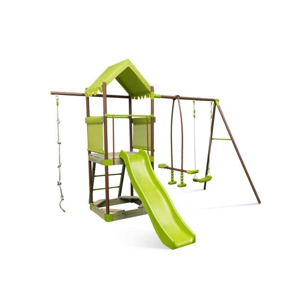 Outdoor Metal Swing Set with Covered Fort and Play Accessories