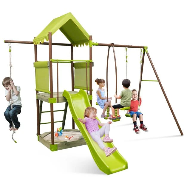 Outdoor Metal Swing Set with Covered Fort and Play Accessories