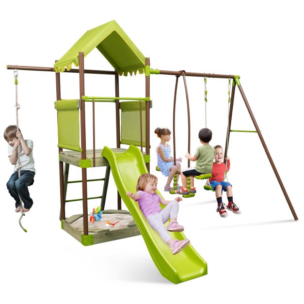 Outdoor Metal Swing Set with Covered Fort and Play Accessories